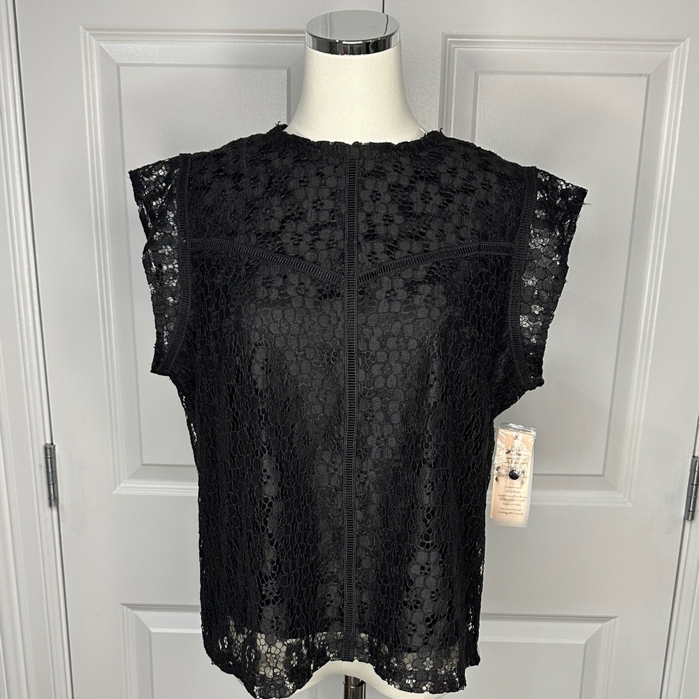 NWT Nanette Lepore Black Floral Lace Cap Sleeve Blouse Size L